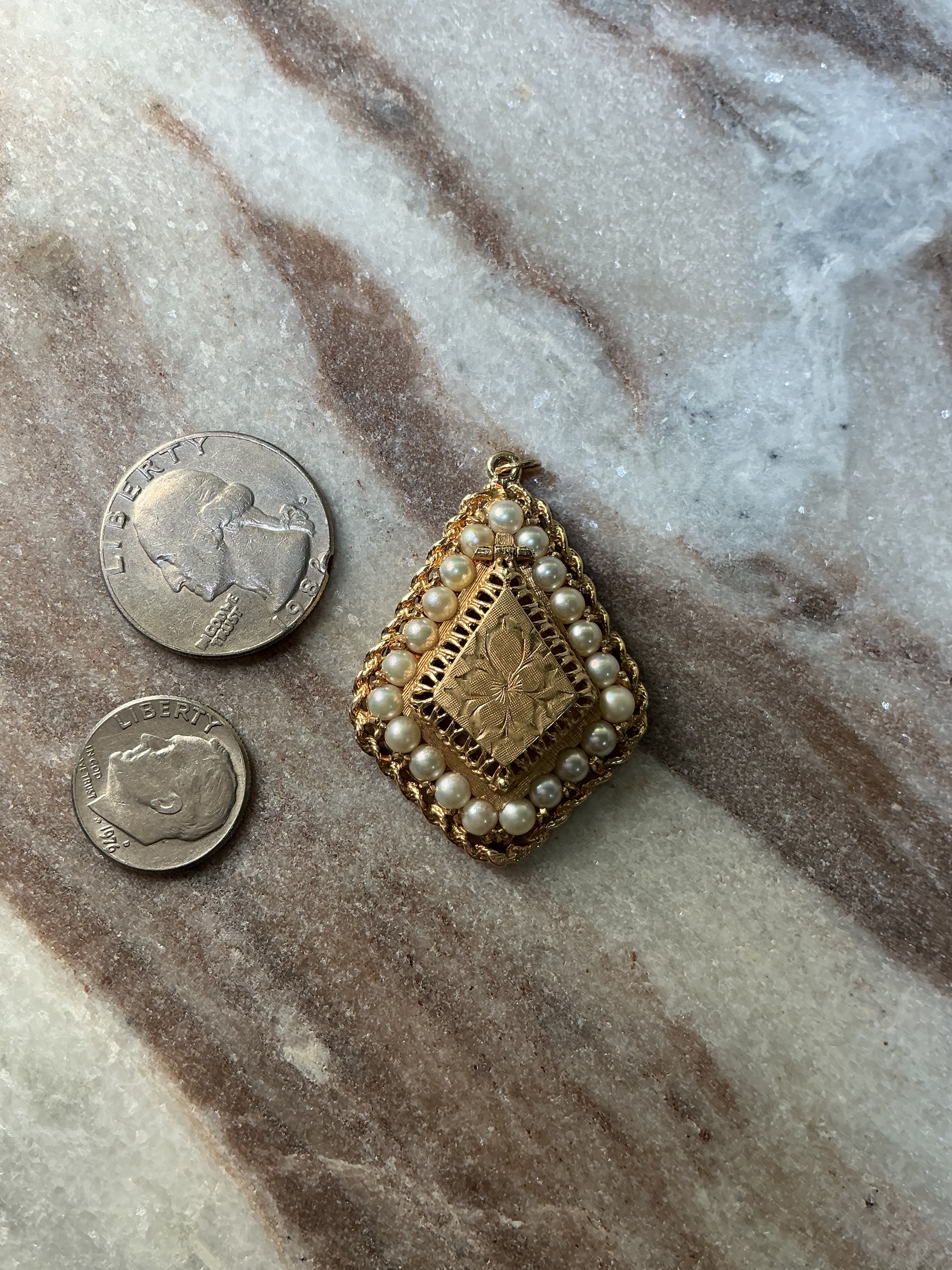 14K Gold Vintage Pearl Locket Pendant