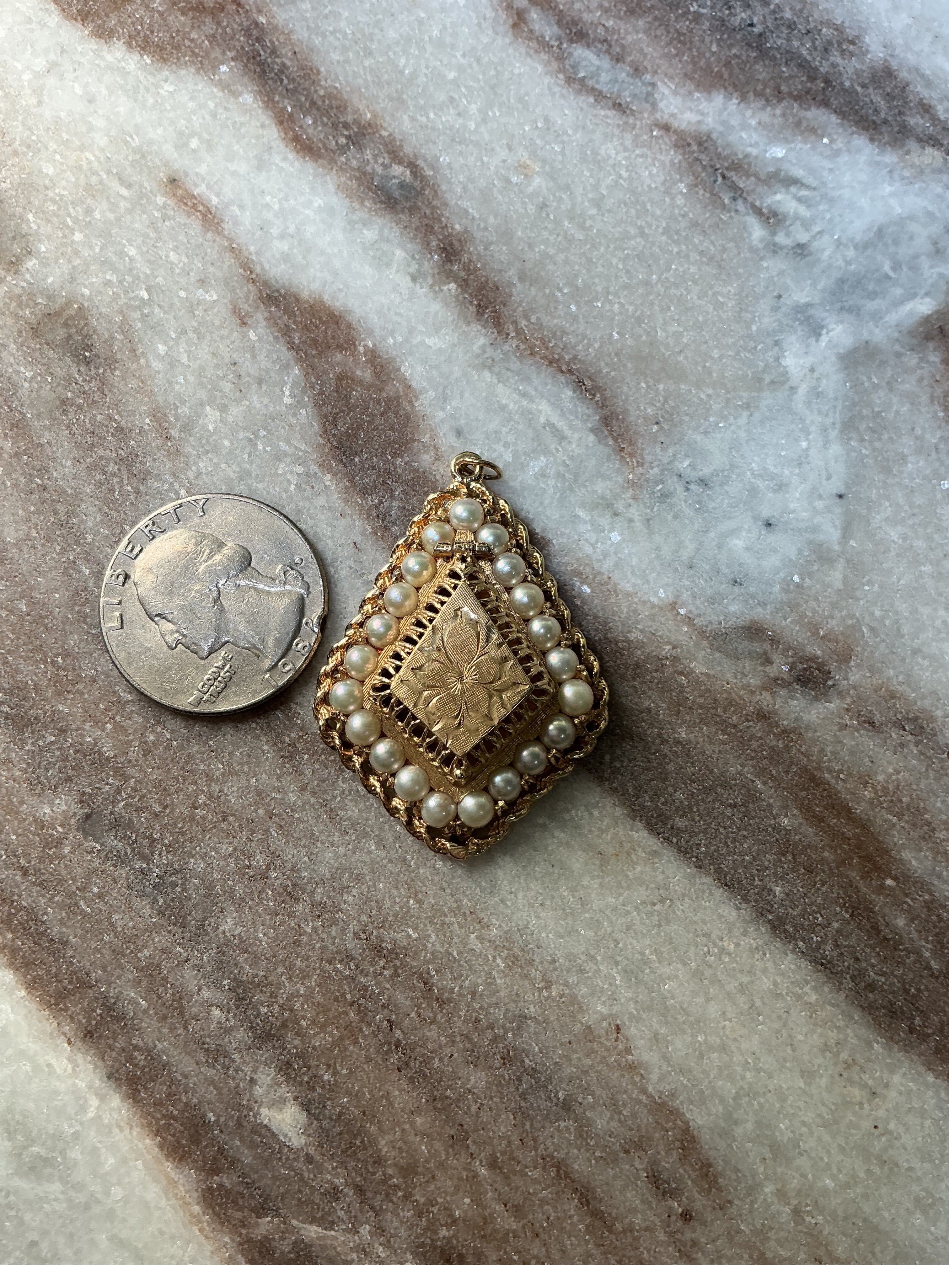 14K Gold Vintage Pearl Locket Pendant