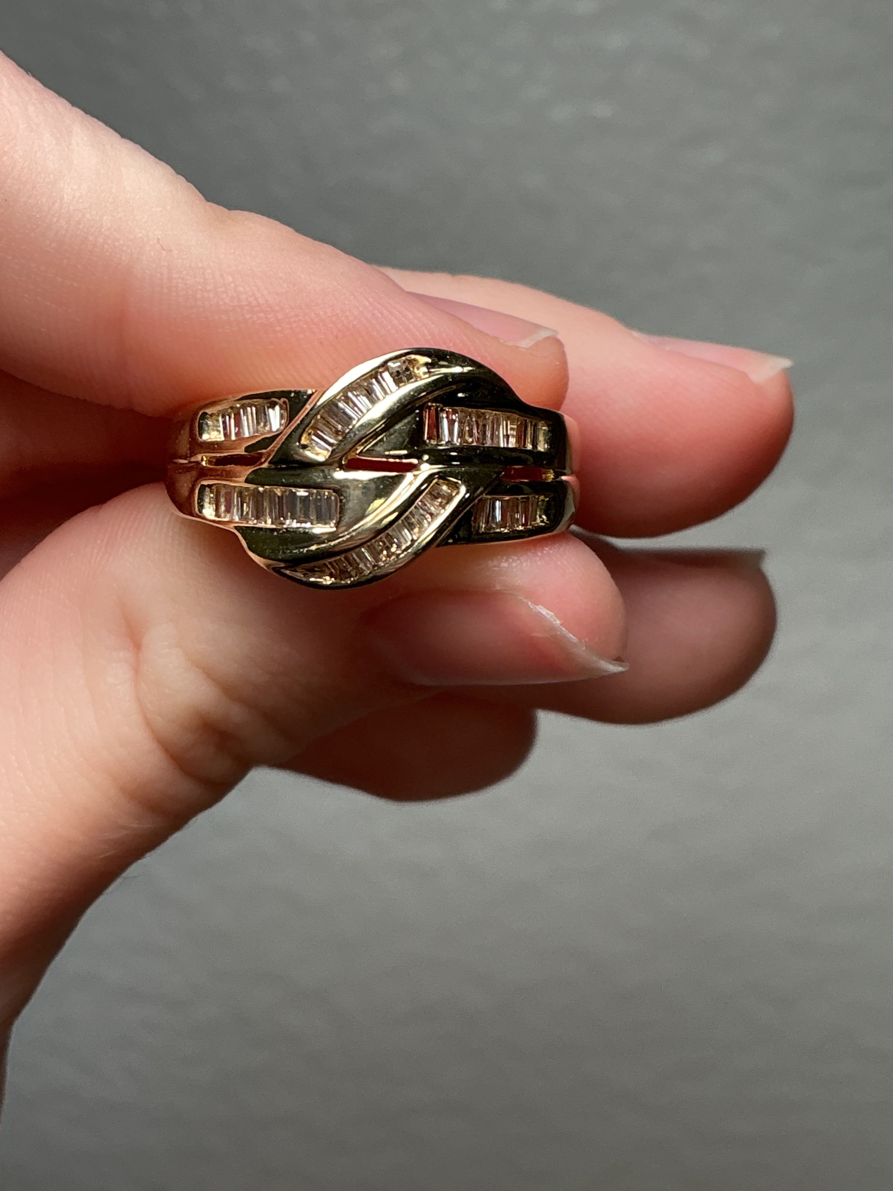 14K Yellow Gold Baguette Diamond Crossover Ring