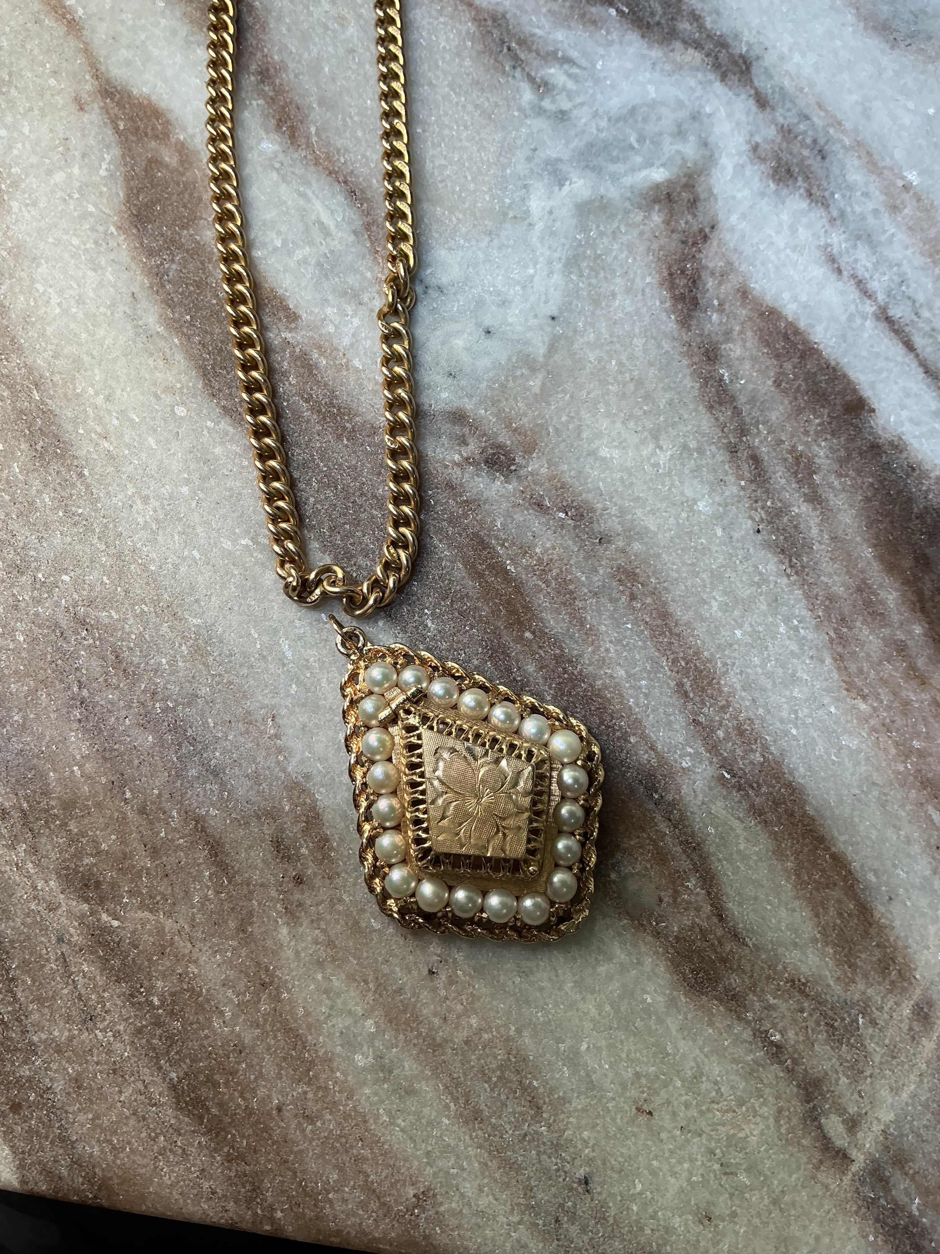 14K Gold Vintage Pearl Locket Pendant